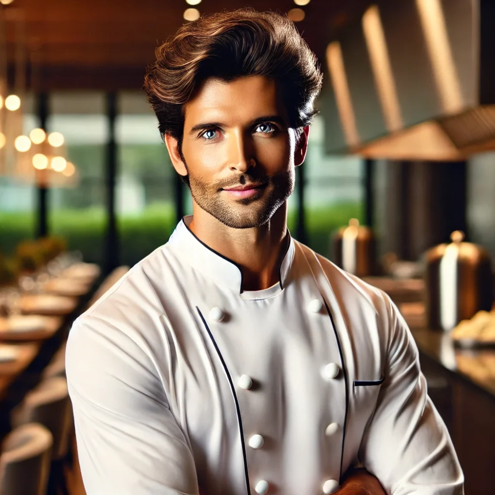 DALL·E 2025-03-16 12.34.52 - A handsome and stylish chef inspired by Bollywood star Hrithik Roshan. He is wearing a white chef’s coat with a modern design, standing confidently in