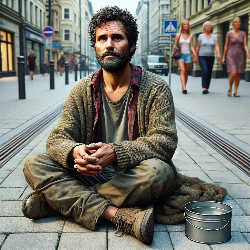 DALL·E 2025-03-16 12.37.01 - A realistic and respectful depiction of a poor beggar sitting on a city sidewalk. He wears worn-out clothes and has a tired yet hopeful expression. Hi